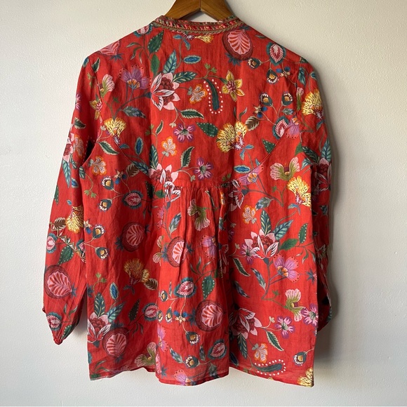 Johnny Was Coral Workshop Unlined Ramie Embroidered Tunic Long Sleeve Blouse
